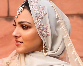 Luxury Silver Sequin Work Hijab| Luxury Hijab| Embellished Hijab| Bridal Hijab| Party Hijab|Elegant Hijab|Embordiery Hijab|Wedding Gift