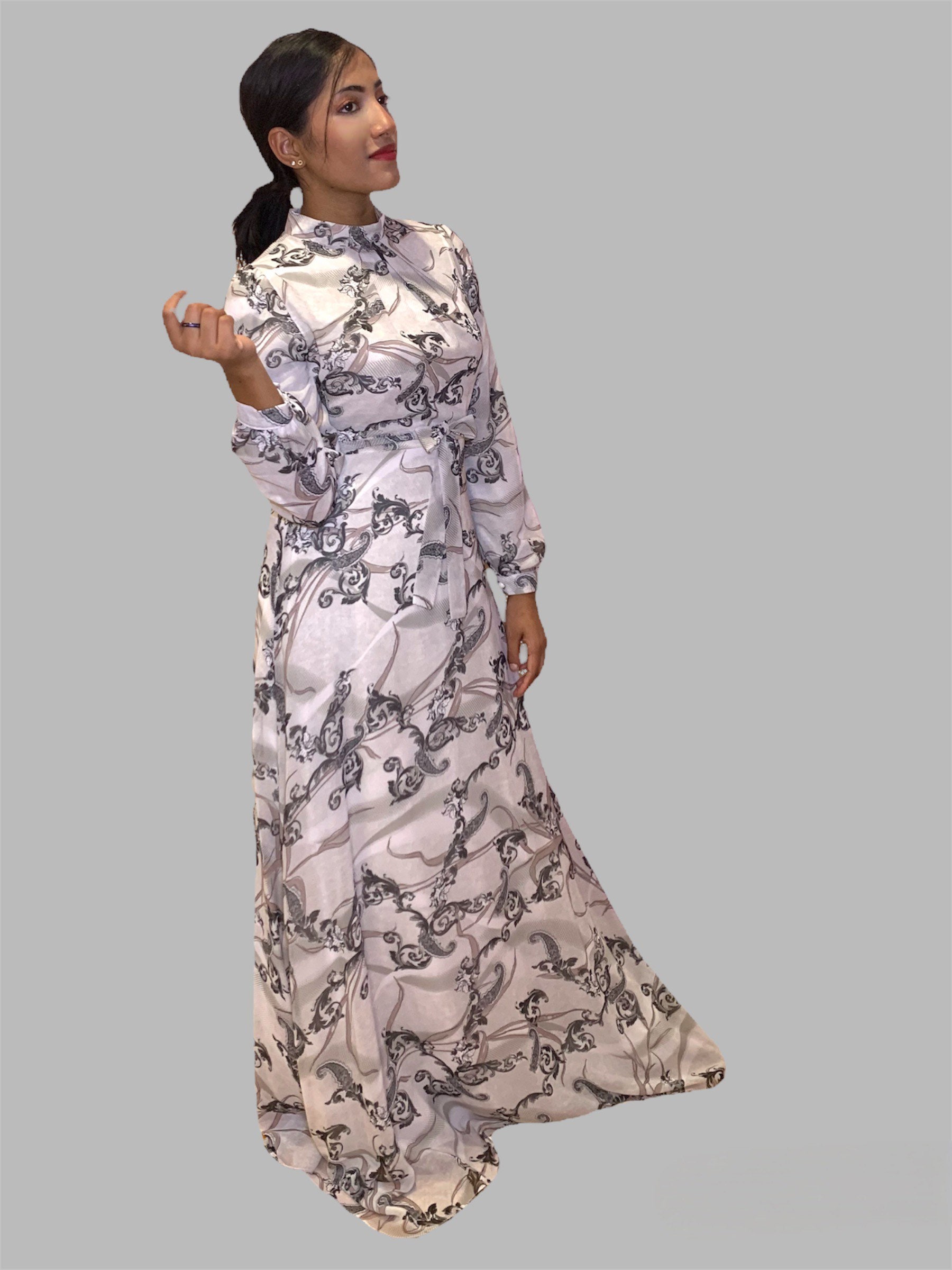 Paisley Chiffon Maxi Dress: Long Sleeve High Neckline Modest Dress