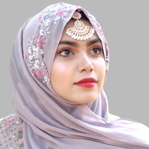Luxury Smokey Grey Sequin Work Hijab| Luxury Hijab| Embellished Hijab| Bridal Hijab| Party Hijab|Elegant Hijab