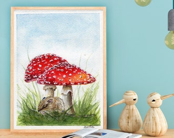 Sitting sleeping mouse under two toadstools in watercolor