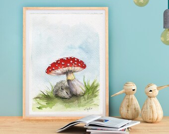 Sleeping mouse under a toadstool in watercolor