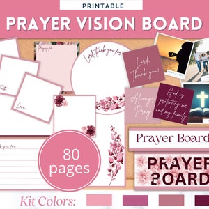 May include: Printable prayer vision board with 80 pages. The board features a pink and burgundy color scheme with floral designs and inspirational quotes. The text "Prayer Board" is displayed in a large font.