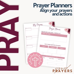 Może przedstawiać: Drukowany planer modlitwy z r&oacute;żowo-białym wzorem kwiatowym. Planer zawiera sekcje do zapisywania modlitw, wizji i krok&oacute;w działania. Tekst "Prayer Planners" i "Align your prayers and actions" znajduje się na g&oacute;rze strony. Tekst "LORD, THIS YEAR..." znajduje się w ramce na g&oacute;rze strony. Tekst "Enter 3 simple targets below. Be specific!" znajduje się w ramce na g&oacute;rze strony. Tekst "While I pray and wait, I will..." znajduje się w ramce na dole strony. Tekst "signed PRAYERS" znajduje się na dole strony.