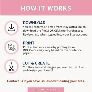 Może przedstawiać: Grafika w kolorze r&oacute;żowym i białym z tekstem "HOW IT WORKS" w kolorze czarnym.  Są trzy kroki do pobrania, wydrukowania i wycięcia oraz stworzenia.  Tekst "Contact us if you have issues downloading your files." znajduje się na dole grafiki.  Tekst "SIGNEDPRAYERSCO." znajduje się na dole grafiki.