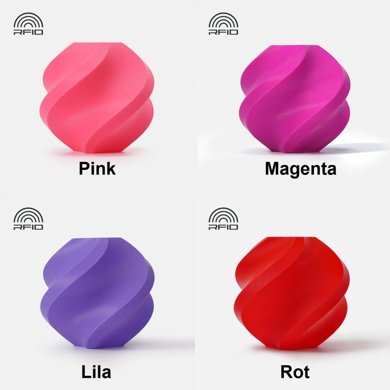 May include: Four 3D printed objects in different colors: pink, magenta, purple, and red. Each object is a twisted, rounded shape.