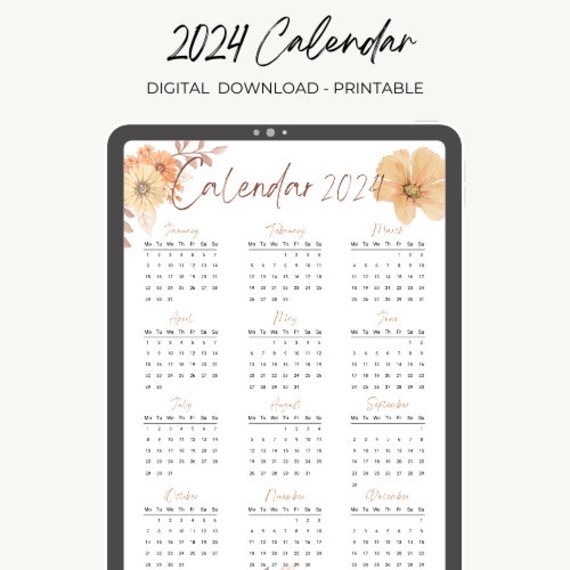 Yearly Calendar, 2024 Calendar, Instant Download, Downloadable Calendar -  Etsy