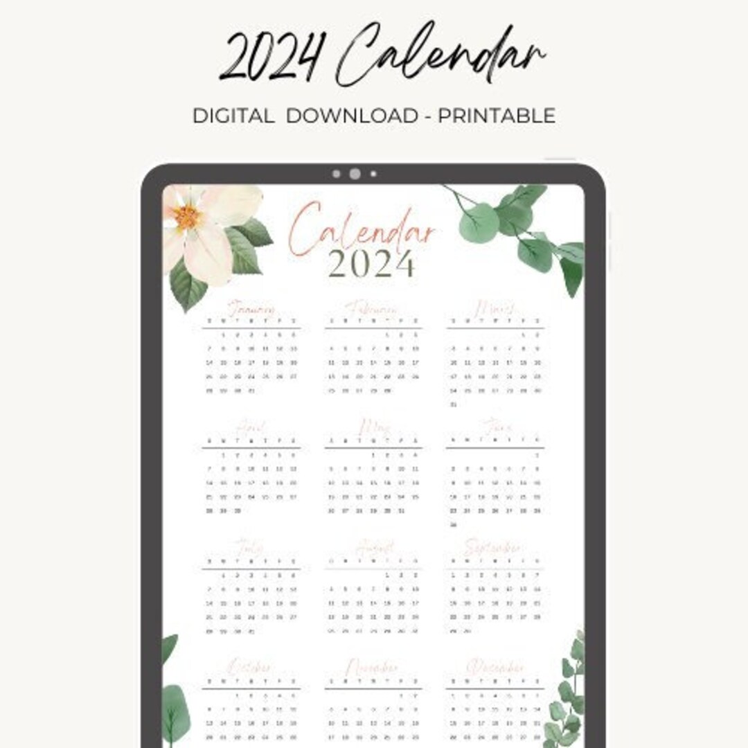 Yearly calendar 2024 calendar instant download downloadable etsy