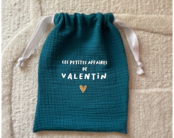 Bolsa de algodón de doble gasa personalizada con cordón ajustable - Bolsa de regalo para nacimiento/bautizo - Bolsa para el nombre del bebé
