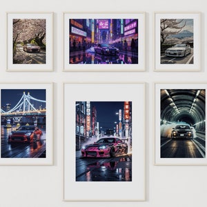 May include: A collage of six framed images featuring cars in various settings. The top row shows a white car driving on a road with cherry blossoms, a car driving through a neon-lit city street, and a white car driving on a road with a mountain in the background. The bottom row shows a red car driving on a road with a bridge in the background, a pink car driving through a neon-lit city street, and a black car driving through a tunnel.
