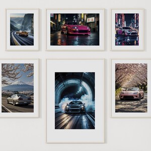 Pode incluir: Uma coleção de seis impressões emolduradas que mostram vários carros em diferentes ambientes. As impressões estão dispostas em uma grade em uma parede branca. As impressões mostram uma variedade de carros, incluindo um carro esportivo vermelho, um carro esportivo preto e um sedã prata. As impressões também mostram uma variedade de fundos, incluindo um túnel, uma rua da cidade e uma estrada de montanha.