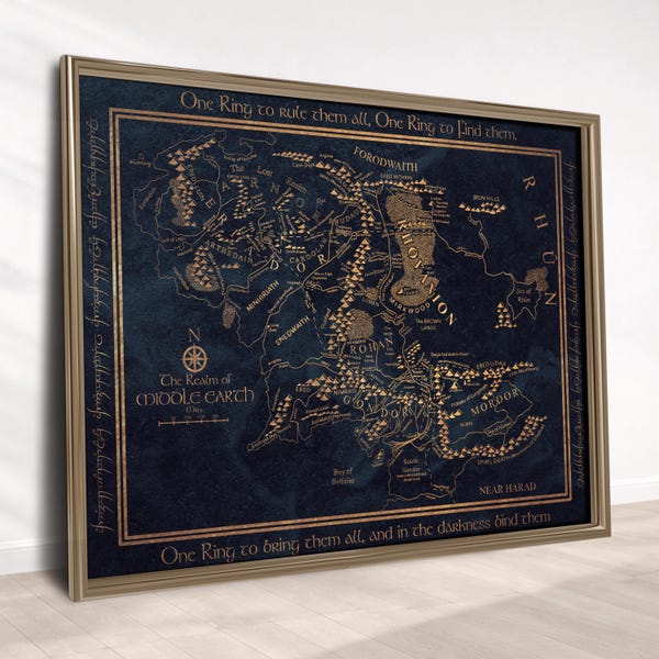 Lord of The Rings Middle Earth Map Poster Printable, Travel Digital Art, Rings of Power, Wood Engraved, Movie Map, Middle Earth Printed