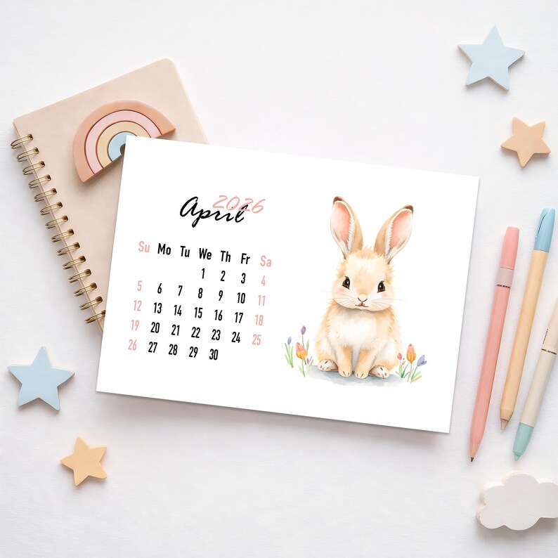 Printable Kids Calendar 2026 – Cute Animal Wall Planner for Children ...