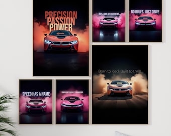 May include: A collection of framed car art prints. The prints feature a sports car in various colors, with text such as "Precision Passion Power" and "Speed Has a Name". The cars are set against a dark background with smoke effects.