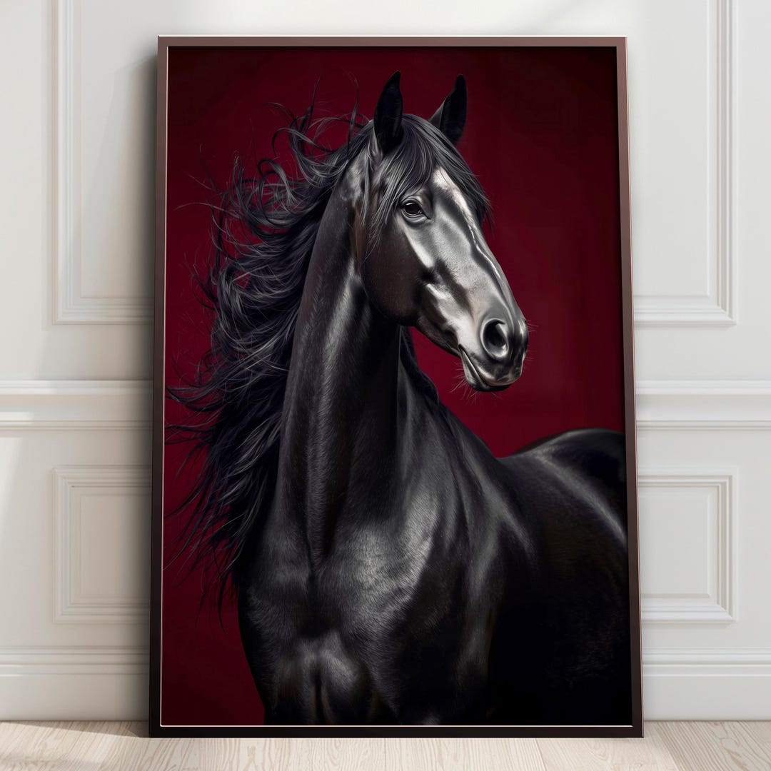 Black Stallion Printable Wall Art Dark Horse Portrait Poster on Red ...