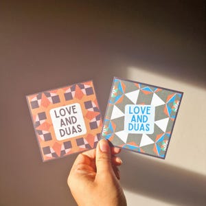 Pack of 8 mini Ramadan Eid cards with modern Islamic geometric designs, in a bright colourful colour scheme. Each mini card measures 10 x 10cm each, and comes with a white envelope. Perfect for gift giving during Ramadan and Eid.