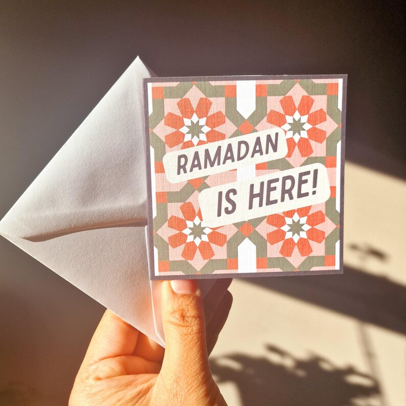 Pack of 8 mini Ramadan Eid cards with modern Islamic geometric designs, in a bright colourful colour scheme. Each mini card measures 10 x 10cm each, and comes with a white envelope. Perfect for gift giving during Ramadan and Eid.