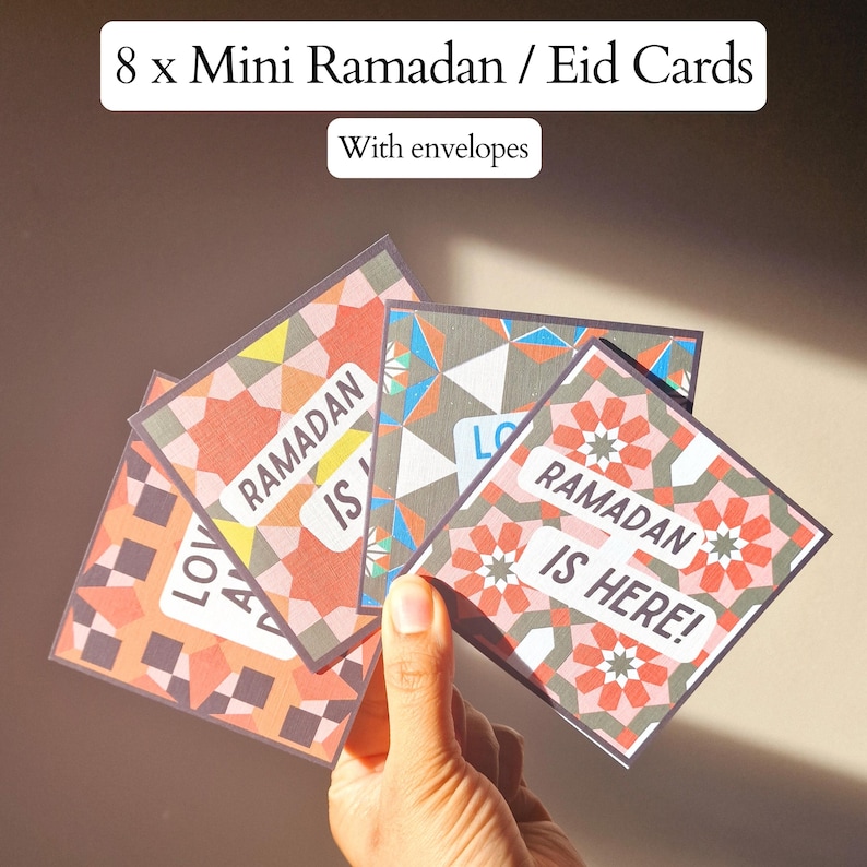 Pack of 8 mini Ramadan Eid cards with modern Islamic geometric designs, in a bright colourful colour scheme. Each mini card measures 10 x 10cm each, and comes with a white envelope. Perfect for gift giving during Ramadan and Eid.