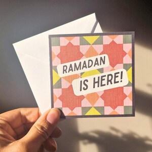 Pack of 8 mini Ramadan Eid cards with modern Islamic geometric designs, in a bright colourful colour scheme. Each mini card measures 10 x 10cm each, and comes with a white envelope. Perfect for gift giving during Ramadan and Eid.