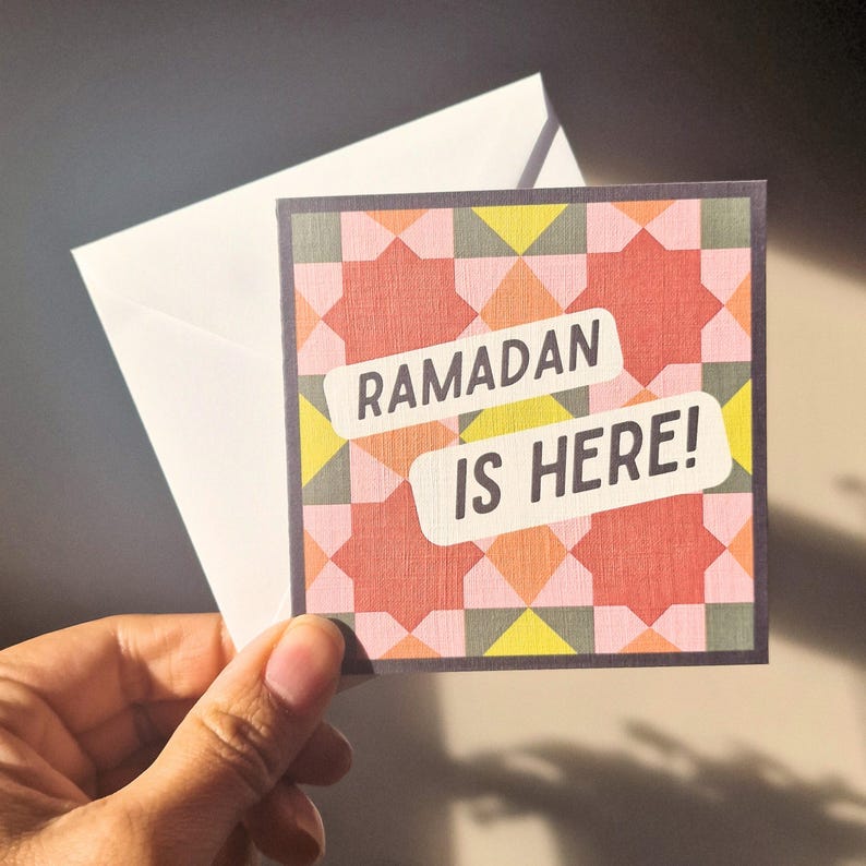 Pack of 8 mini Ramadan Eid cards with modern Islamic geometric designs, in a bright colourful colour scheme. Each mini card measures 10 x 10cm each, and comes with a white envelope. Perfect for gift giving during Ramadan and Eid.