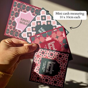 Pack of 8 mini Ramadan Eid cards with Islamic geometric designs, in a maroon (red), pink and green colourway. Each mini card measures 10 x 10cm each, and comes with a white envelope. Perfect for gift giving during Ramadan and Eid.