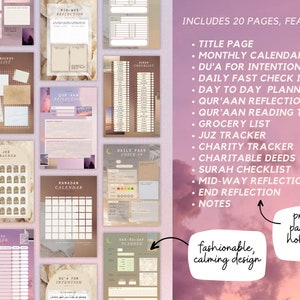 May include: A digital planner with a fashionable, calming design, featuring 20 pages. Includes a title page, monthly calendar, daily planner, and reflection pages. The text includes "Grocery List", "Ramadan Calendar", and "Du'a for Intention".