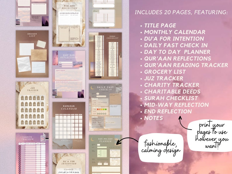 May include: A digital planner with a fashionable, calming design, featuring 20 pages. Includes a title page, monthly calendar, daily planner, and reflection pages. The text includes "Grocery List", "Ramadan Calendar", and "Du'a for Intention".