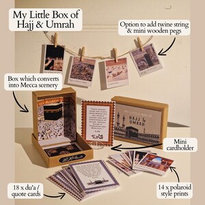 May include: A brown box with the words "My Little Box of Hajj & Umrah" on the front. The box contains 18 du'a/quote cards and 14 polaroid style prints. The box also includes a mini cardholder and an option to add twine string and mini wooden pegs.