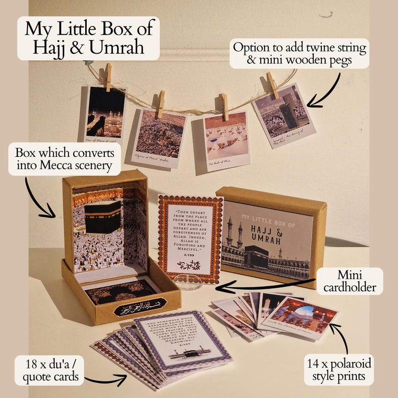 May include: A brown box with the words "My Little Box of Hajj & Umrah" on the front. The box contains 18 du'a/quote cards and 14 polaroid style prints. The box also includes a mini cardholder and an option to add twine string and mini wooden pegs.
