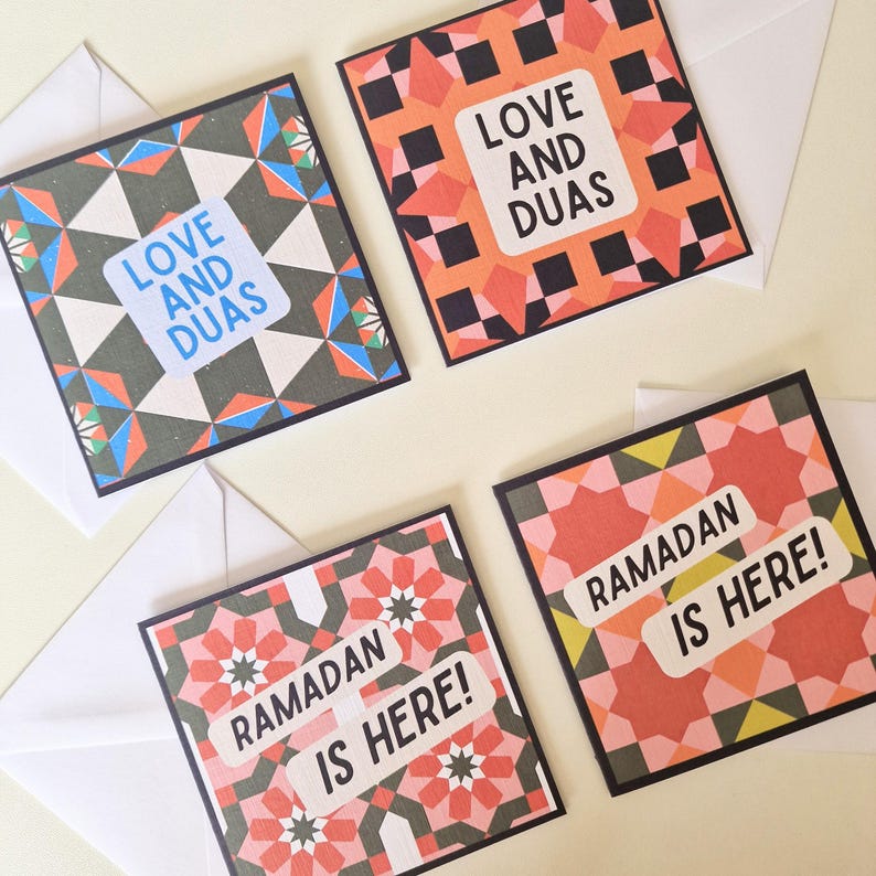 Pack of 8 mini Ramadan Eid cards with modern Islamic geometric designs, in a bright colourful colour scheme. Each mini card measures 10 x 10cm each, and comes with a white envelope. Perfect for gift giving during Ramadan and Eid.