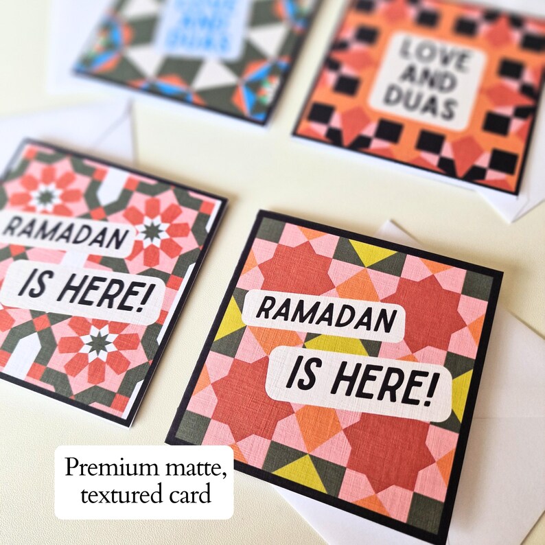 Pack of 8 mini Ramadan Eid cards with modern Islamic geometric designs, in a bright colourful colour scheme. Each mini card measures 10 x 10cm each, and comes with a white envelope. Perfect for gift giving during Ramadan and Eid.