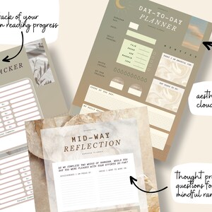 May include: Aesthetic Ramadan planner set featuring a day-to-day planner, reading tracker, and mid-way reflection sheet. The planners have a neutral color palette with cloud images and prompts for reflection. The text includes "Qur'aan Reading Tracker" and "Day-to-Day Planner".