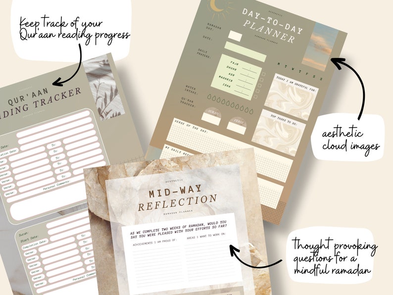 May include: Aesthetic Ramadan planner set featuring a day-to-day planner, reading tracker, and mid-way reflection sheet. The planners have a neutral color palette with cloud images and prompts for reflection. The text includes "Qur'aan Reading Tracker" and "Day-to-Day Planner".