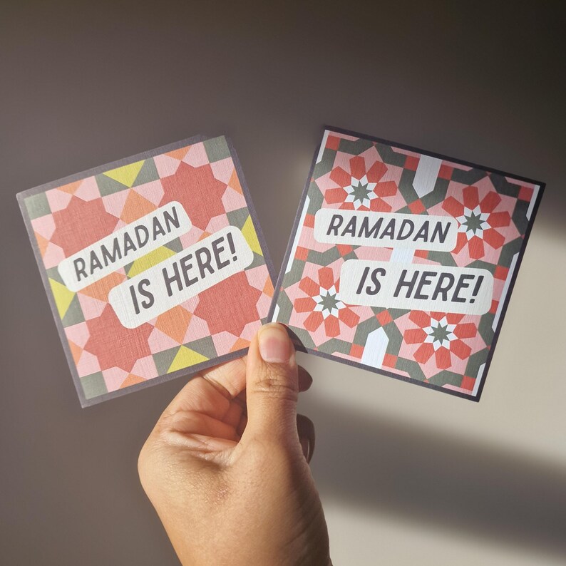 Pack of 8 mini Ramadan Eid cards with modern Islamic geometric designs, in a bright colourful colour scheme. Each mini card measures 10 x 10cm each, and comes with a white envelope. Perfect for gift giving during Ramadan and Eid.