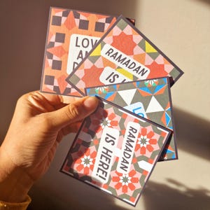 Pack of 8 mini Ramadan Eid cards with modern Islamic geometric designs, in a bright colourful colour scheme. Each mini card measures 10 x 10cm each, and comes with a white envelope. Perfect for gift giving during Ramadan and Eid.