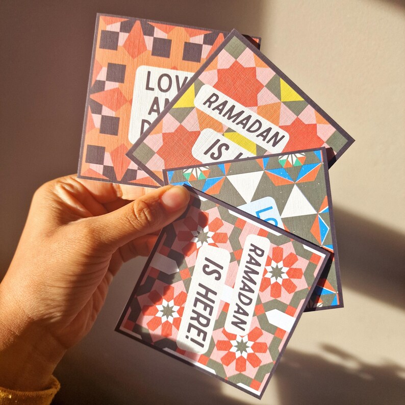 Pack of 8 mini Ramadan Eid cards with modern Islamic geometric designs, in a bright colourful colour scheme. Each mini card measures 10 x 10cm each, and comes with a white envelope. Perfect for gift giving during Ramadan and Eid.
