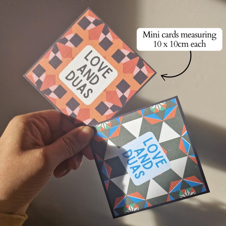Pack of 8 mini Ramadan Eid cards with modern Islamic geometric designs, in a bright colourful colour scheme. Each mini card measures 10 x 10cm each, and comes with a white envelope. Perfect for gift giving during Ramadan and Eid.