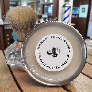 This set includes shaving bowl with oatmeal stout soap and brush.