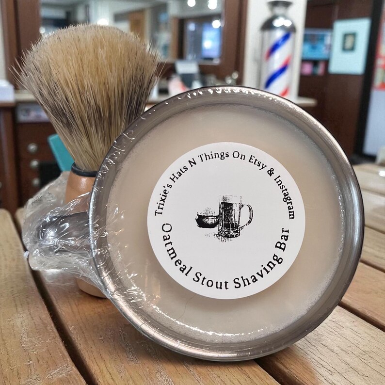 This set includes shaving bowl with oatmeal stout soap and brush.