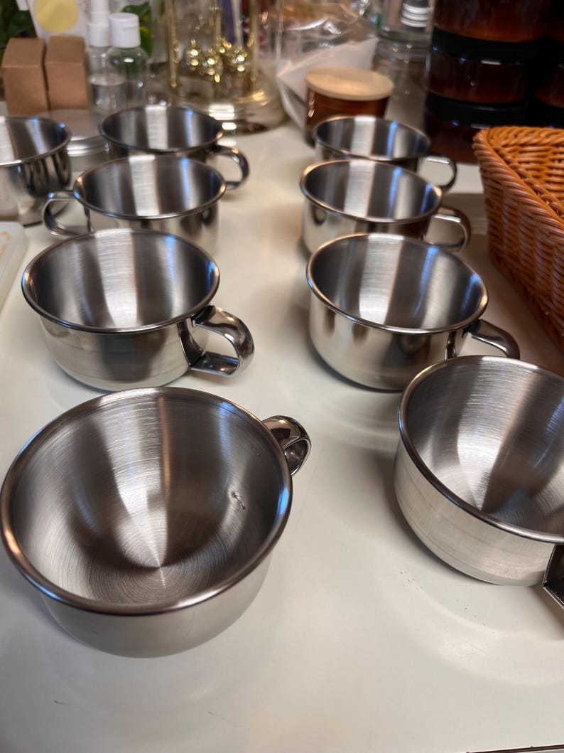 Stainless steel shaving bowls.