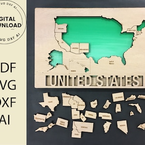 Meerlaagse puzzel Amerikaanse kaart. Lasersnijden en graveren. VS, Verenigde Staten van Amerika. Doe-het-zelf. Ambacht. Directe download. Gloedforge.