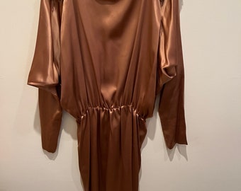 Glamorous Custom Bronze-colored satin knee-length beaded cocktail dress, perfect condition