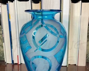 L.E. Steven Correia Sky Blue Etched Art Glass Vase