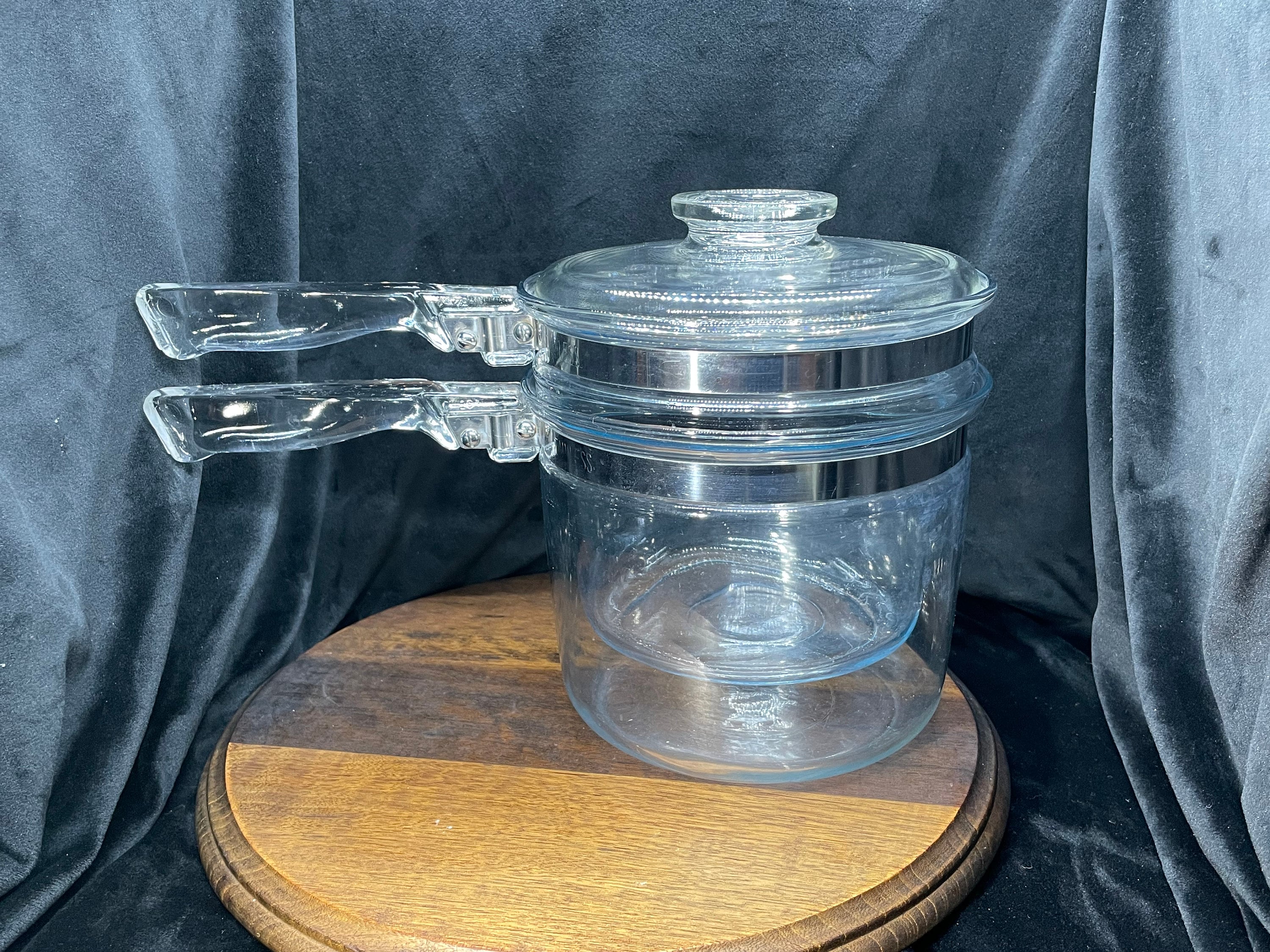 Pyrex Flameglo Clear Glass Double Boiler Bamborine Mid Century Cooking Mid  Century Kitchen Blue Tint 