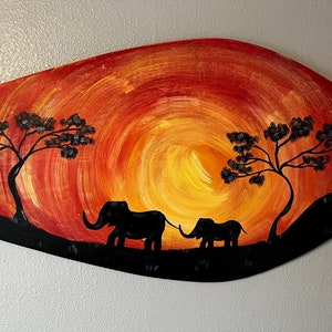 Elephant Sunset, Safari Painting, Mommy and Baby Elephant Acrylic Painting, Skim Board, Wall Decor