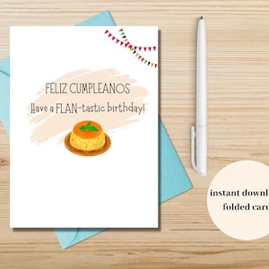Feliz Cumpleanos tiene un cumpleaños flan-tastic, tarjeta de cumpleaños flan, tarjeta de cumpleaños punny, tarjeta de cumpleaños DIY, tarjeta descargable