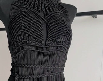 Elegant Macrame Dress, Black Long Dress, Boho Dress, Beach Dress, Backless Dress, Wild Style Dress, Photoshoot Dress, Goddes Gown