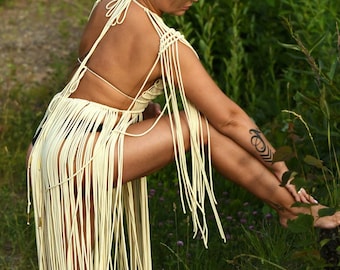White Macrame Fringe Dress - Handmade Bohemian Festival Gown