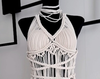 Handmade Macrame Maxi Dress | White Cotton Boho Beach Cover-Up