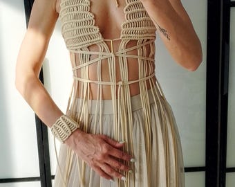 Beige macramétopje/boho festivaltopje/handgemaakte macramé crop top/ketting detail/top franje/witte bohokleding/statement macramétopje