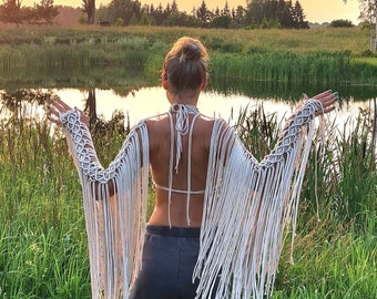 Macramé Wings Top Neck Piece / 3 Piece Set / Pearl Shimmer White / Luxurious Boho Look / Handmade Bridal Accessory / Festival Outfit